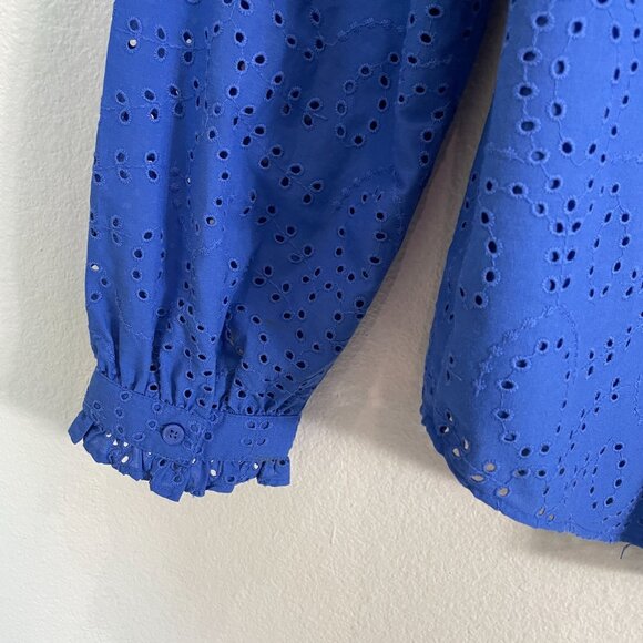 Ann Taylor Womens Large Periwinkle Button Up Eyelet Blouse Ruffle Collar Shirt - Picture 11 of 11